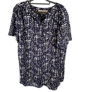 Evri Women's 2X Dress Navy Blue Abstract Print‎ V Neck Short Sleeve Career